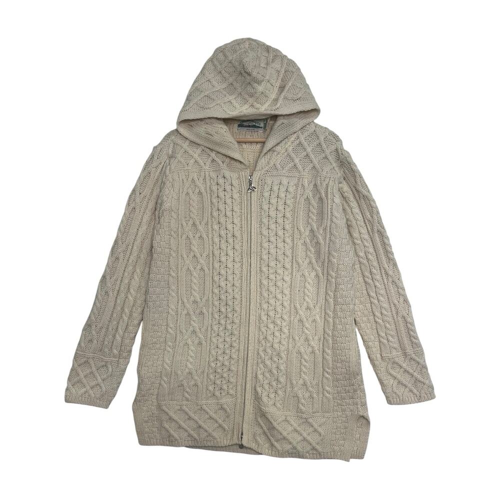 Vintage Aran Crafts Cardigan Sweater Mens Medium Ivory Wool Cable Knit Hooded
